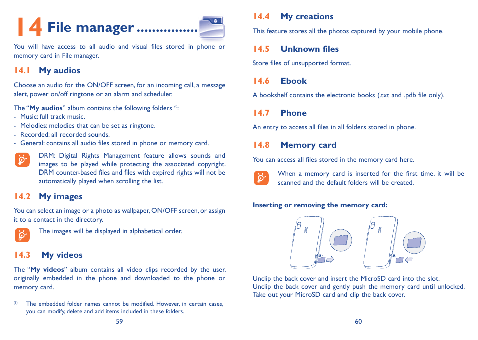 14 file manager, 1 my audios, 2 my images | 3 my videos, 4 my creations, 5 unknown files, 6 ebook, 7 phone, 8 memory card, File manager | Alcatel Alcatel One Touch Vibe Mobile Phone OT-800 User Manual | Page 31 / 44