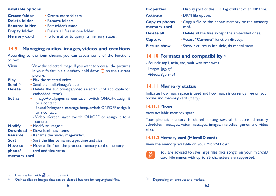 9 managing audios, images, videos and creations, 10 formats and compatibility (1), 11 memory status | Alcatel Alcatel One Touch Vibe Mobile Phone OT-800 User Manual | Page 32 / 44