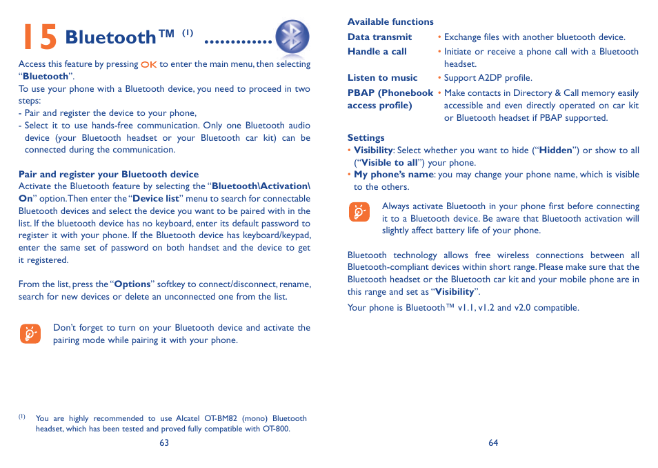 15 bluetooth™ (1), 15 bluetooth, Bluetooth | Alcatel Alcatel One Touch Vibe Mobile Phone OT-800 User Manual | Page 33 / 44