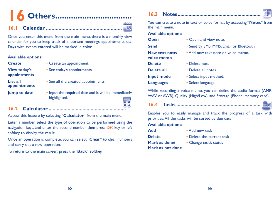 16 others, 1 calendar, 2 calculator | 3 notes, 4 tasks, 1 calendar 16.2 calculator 16.3 notes 16.4 tasks, Others | Alcatel Alcatel One Touch Vibe Mobile Phone OT-800 User Manual | Page 34 / 44