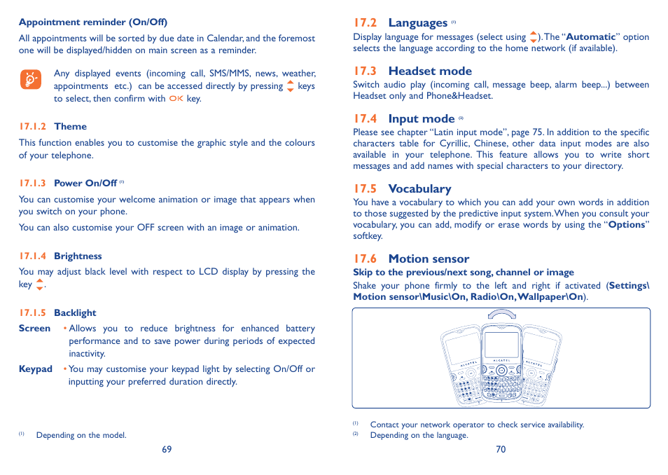 2 languages (1), 3 headset mode, 4 input mode (2) | 5 vocabulary, 6 motion sensor | Alcatel Alcatel One Touch Vibe Mobile Phone OT-800 User Manual | Page 36 / 44