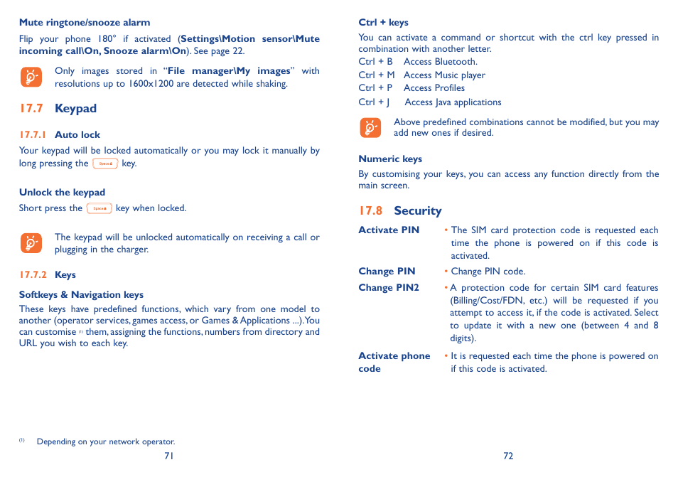 7 keypad, 8 security, 7 keypad 17.8 security | Alcatel Alcatel One Touch Vibe Mobile Phone OT-800 User Manual | Page 37 / 44