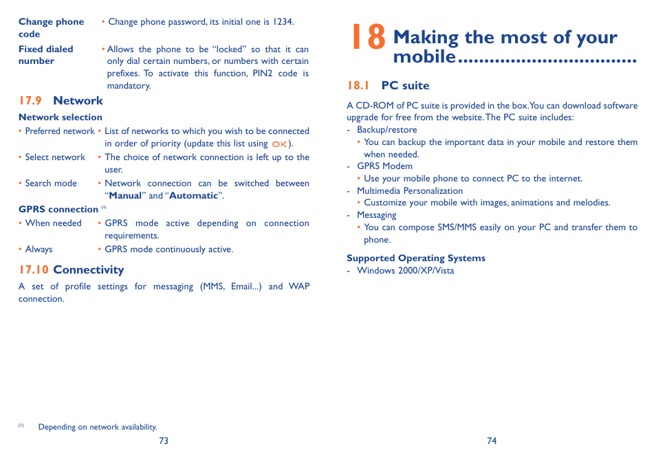 9 network, 10 connectivity, 18 making the most of your mobile | 1 pc suite, 9 network 17.10 connectivity, 18 making the most of your mobile, Making the most of your mobile | Alcatel Alcatel One Touch Vibe Mobile Phone OT-800 User Manual | Page 38 / 44