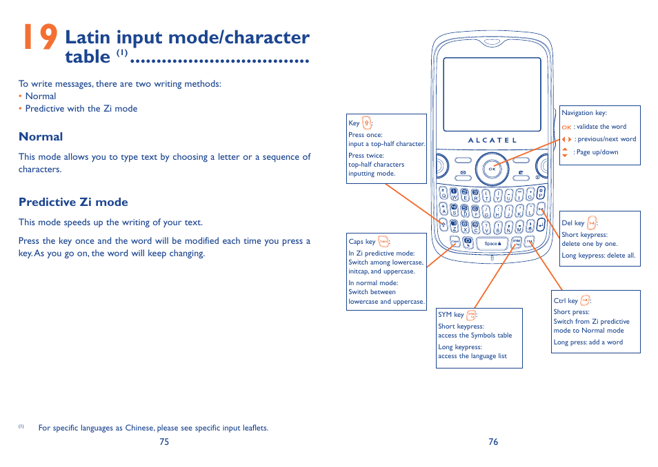 19 latin input mode/character table (1), 19 latin input mode/character table, Latin input mode/character table | Alcatel Alcatel One Touch Vibe Mobile Phone OT-800 User Manual | Page 39 / 44