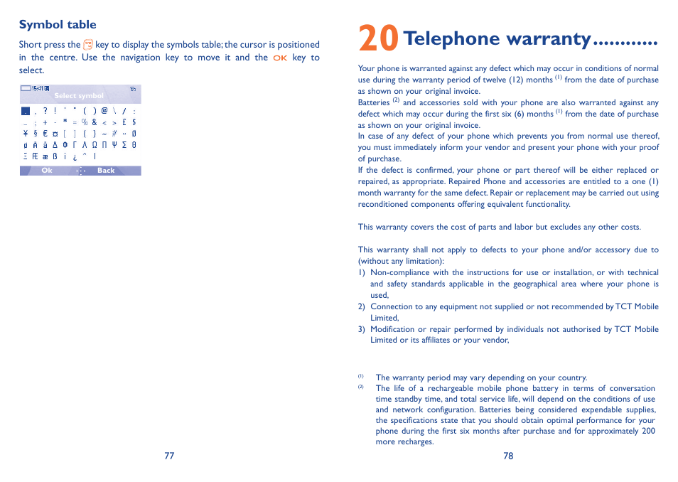 20 telephone warranty, Telephone warranty, Symbol table | Alcatel Alcatel One Touch Vibe Mobile Phone OT-800 User Manual | Page 40 / 44