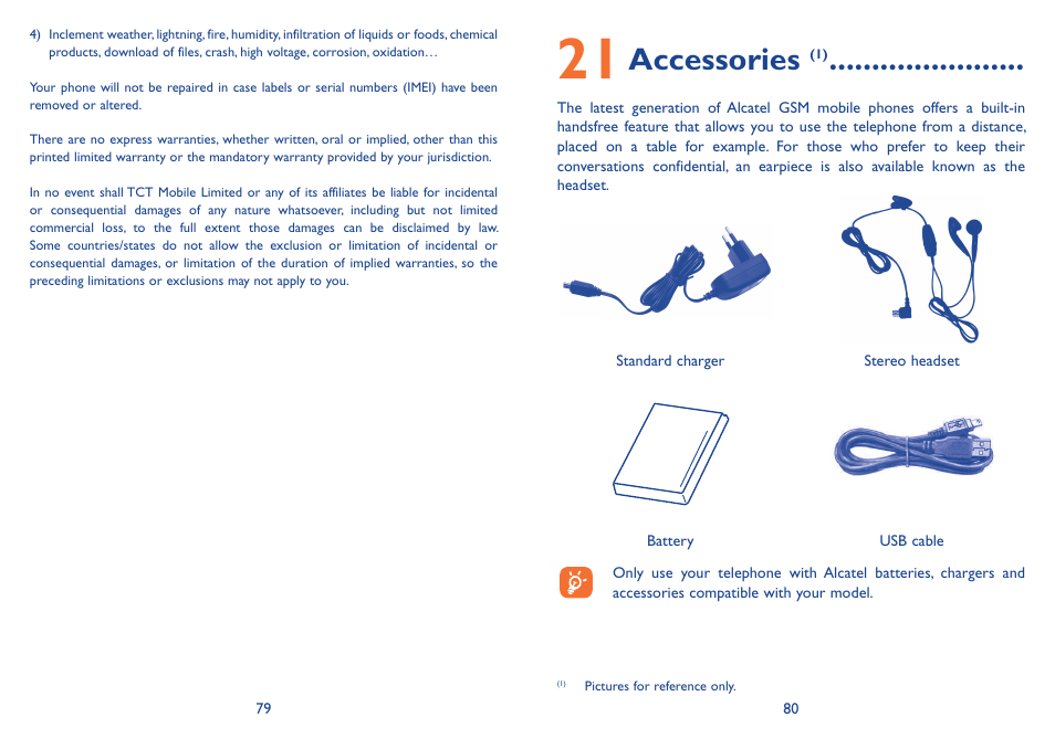 21 accessories (1), 21 accessories, Accessories | Alcatel Alcatel One Touch Vibe Mobile Phone OT-800 User Manual | Page 41 / 44