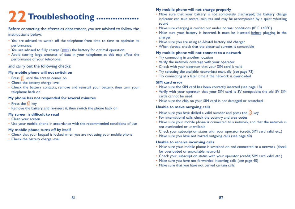 22 troubleshooting, Troubleshooting | Alcatel Alcatel One Touch Vibe Mobile Phone OT-800 User Manual | Page 42 / 44