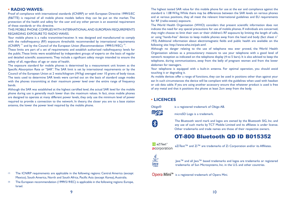 910 • radio waves, Licences | Alcatel Alcatel One Touch Vibe Mobile Phone OT-800 User Manual | Page 6 / 44