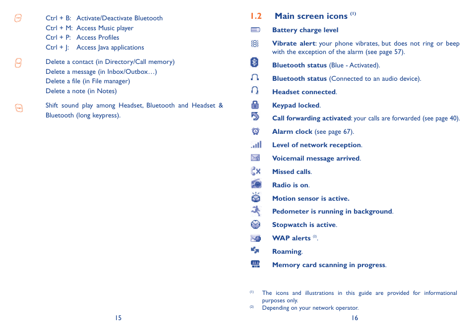 2 main screen icons (1), 2 main screen icons | Alcatel Alcatel One Touch Vibe Mobile Phone OT-800 User Manual | Page 9 / 44