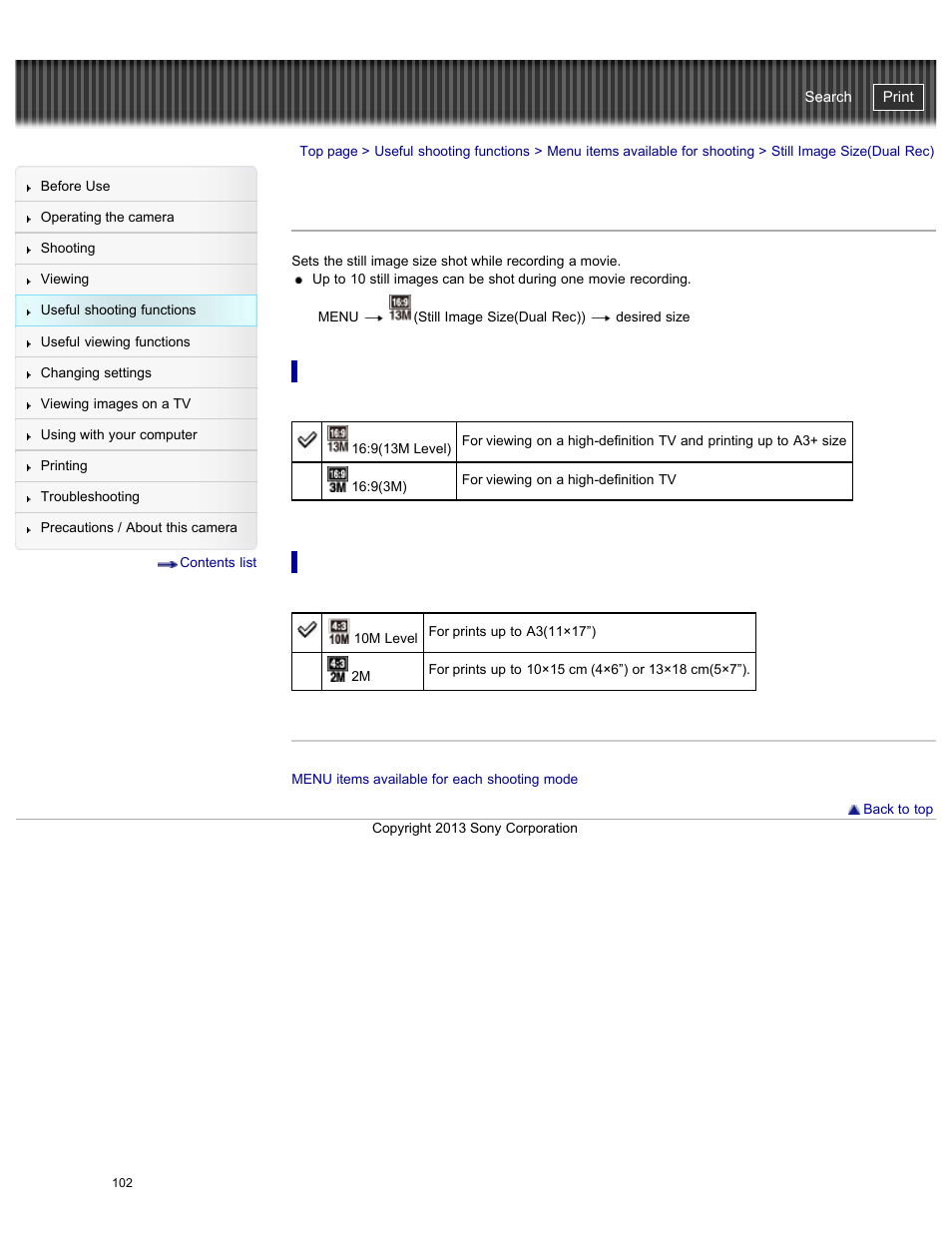 Still image size(dual rec), Details, Cyber-shot user guide | Sony DSC-WX300 User Manual | Page 108 / 244