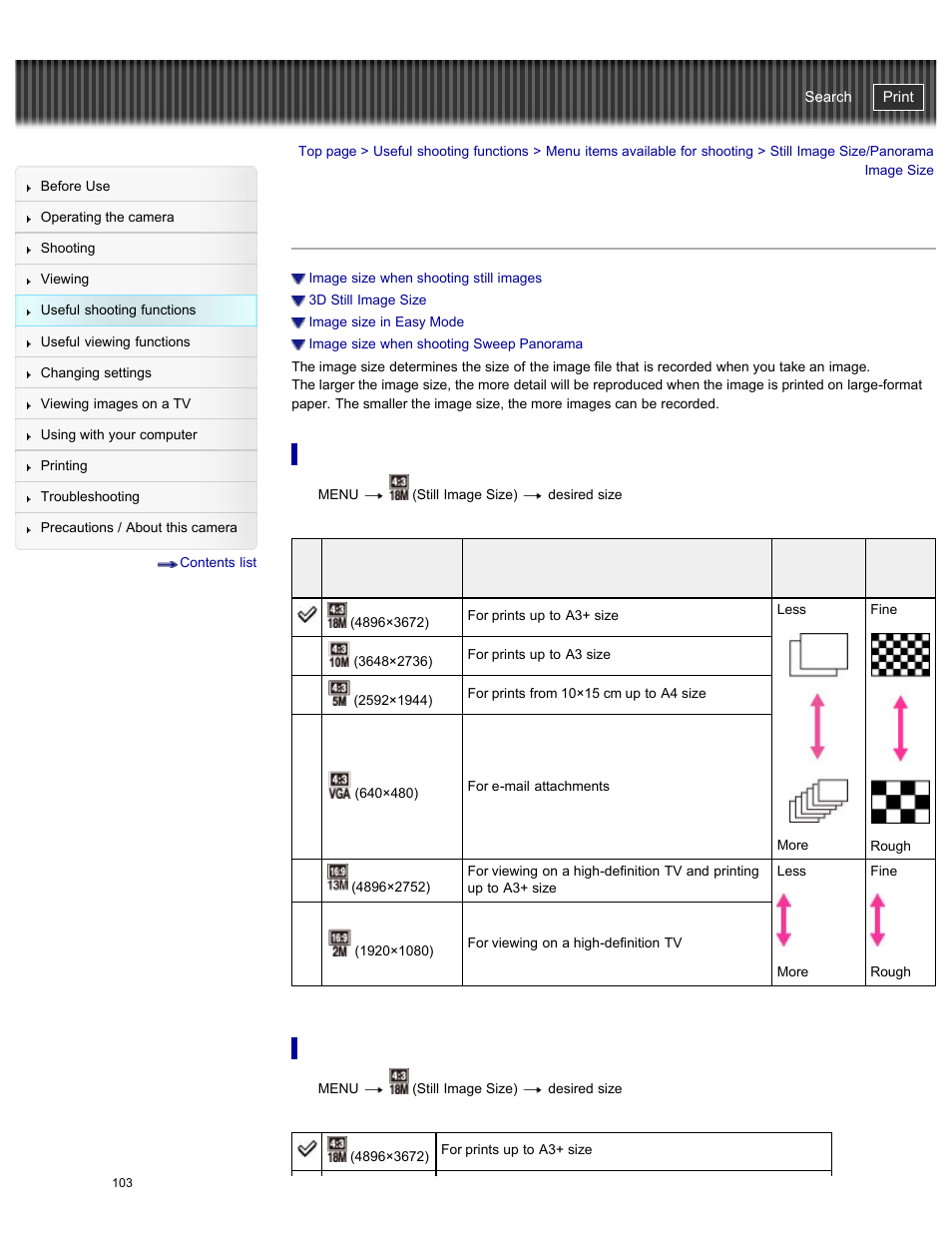 Still image size/panorama image size, Details, Cyber-shot user guide | Sony DSC-WX300 User Manual | Page 109 / 244