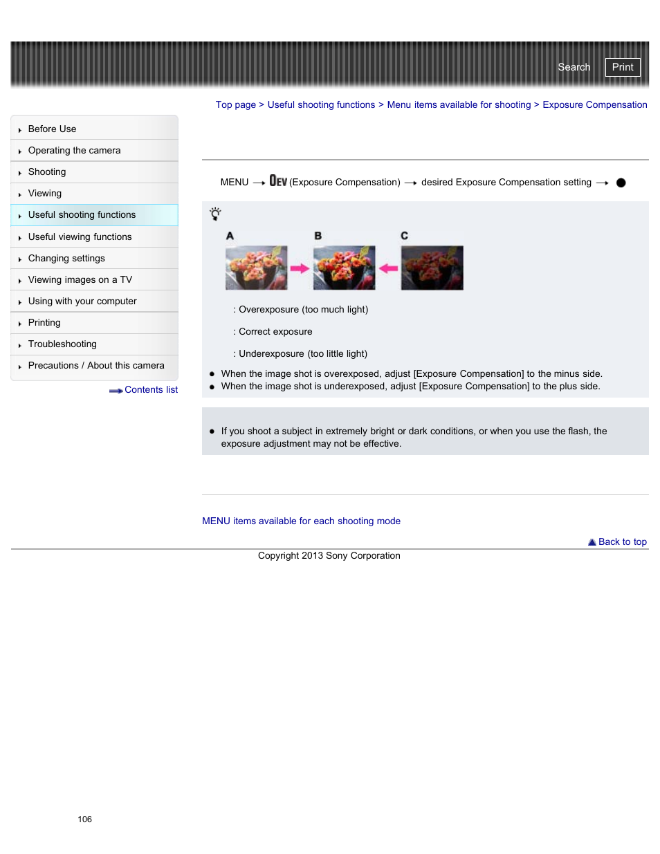 Exposure compensation, Cyber-shot user guide | Sony DSC-WX300 User Manual | Page 112 / 244