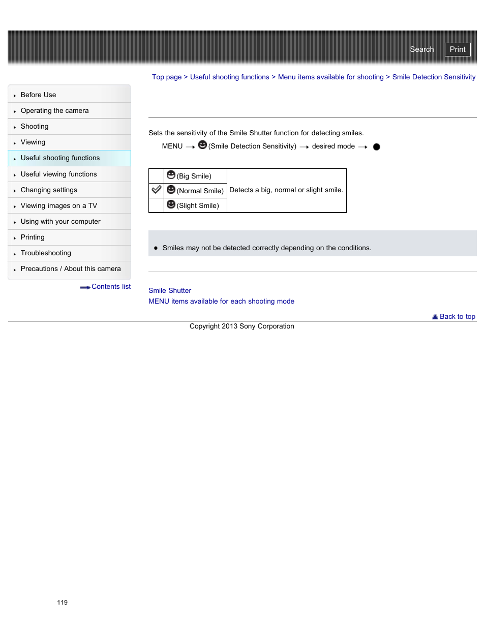 Smile detection sensitivity, Cyber-shot user guide | Sony DSC-WX300 User Manual | Page 125 / 244