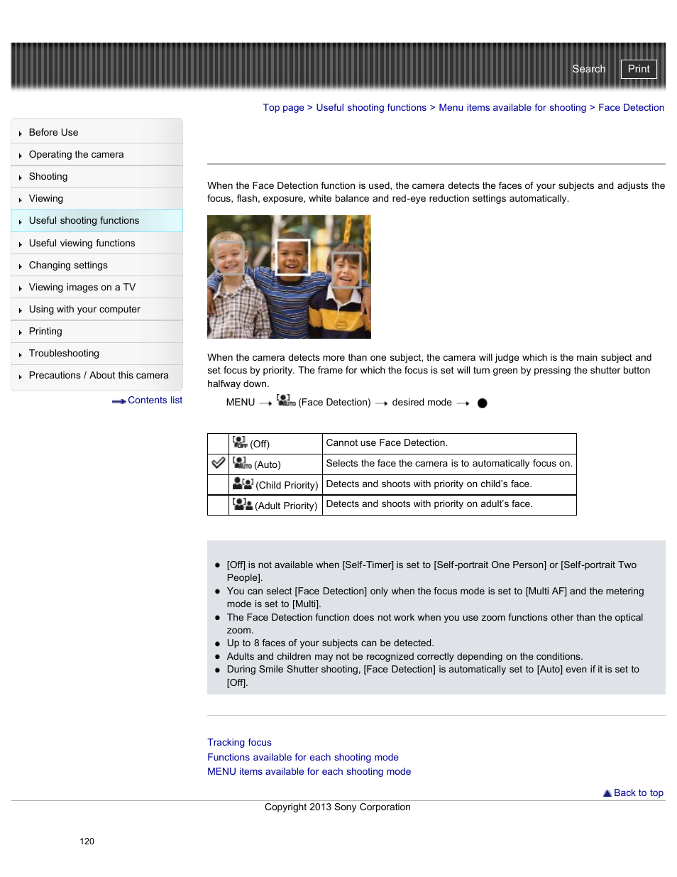 Face detection, Details, Cyber-shot user guide | Sony DSC-WX300 User Manual | Page 126 / 244