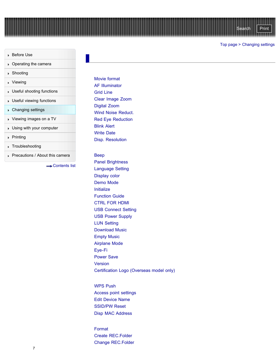 Changing settings, Shooting settings, Main settings | Network settings, Memory card tool/internal memory tool | Sony DSC-WX300 User Manual | Page 13 / 244