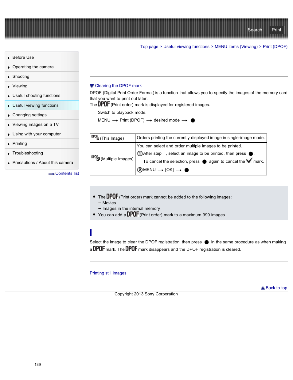 Print (dpof), Cyber-shot user guide | Sony DSC-WX300 User Manual | Page 145 / 244