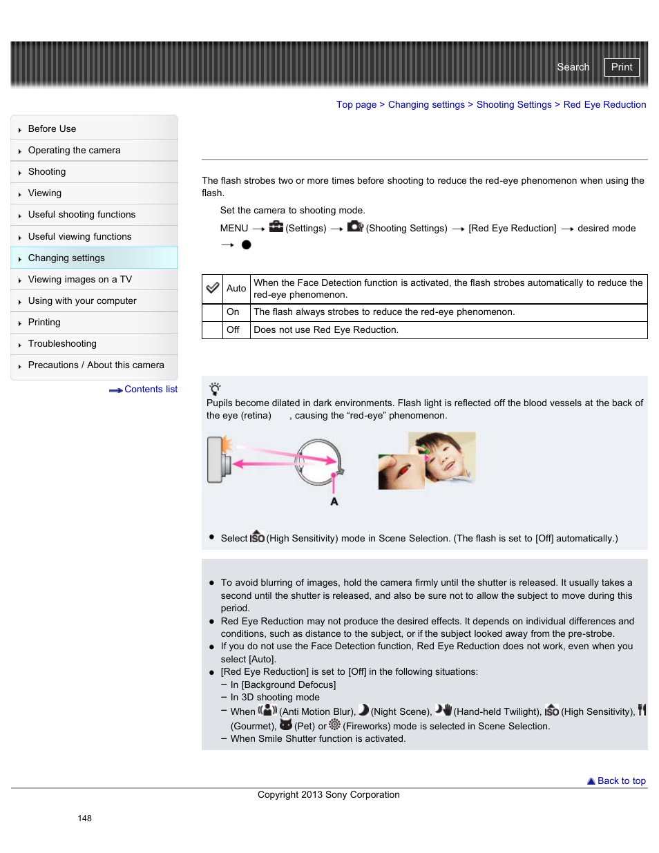 Red eye reduction, Cyber-shot user guide | Sony DSC-WX300 User Manual | Page 154 / 244