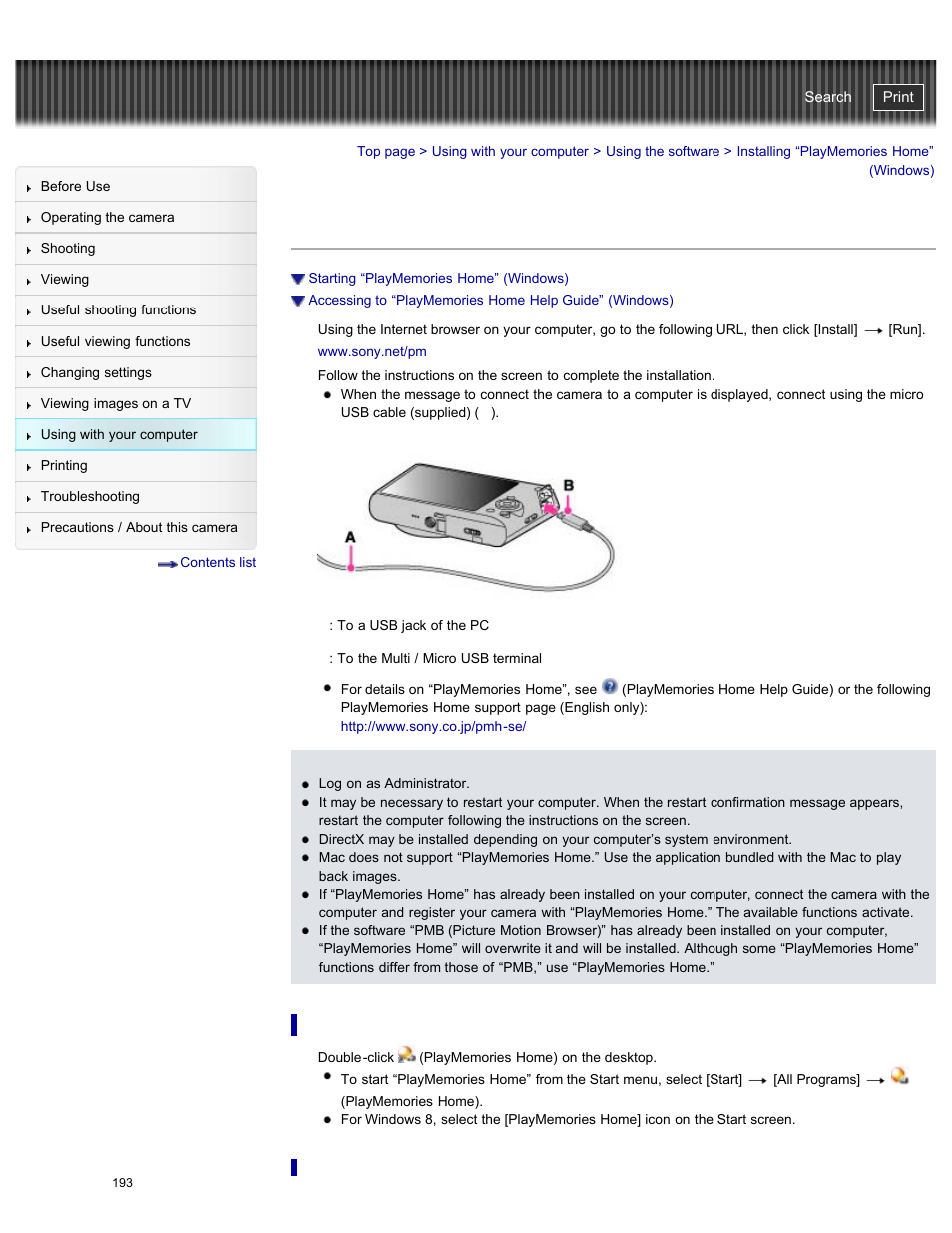 Installing “playmemories home” (windows), Details, Before | Cyber-shot user guide | Sony DSC-WX300 User Manual | Page 199 / 244