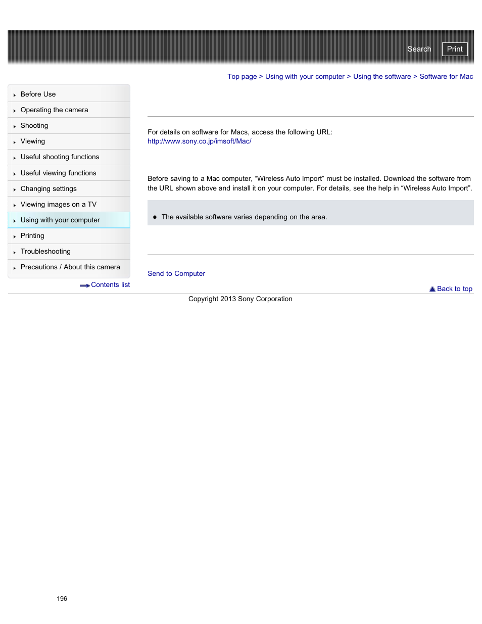 Software for mac, Cyber-shot user guide | Sony DSC-WX300 User Manual | Page 202 / 244