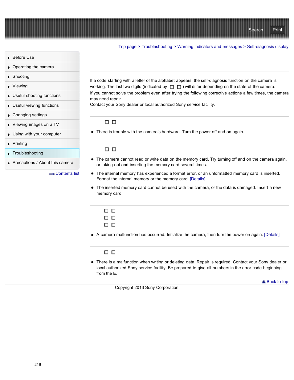 Self-diagnosis display, Cyber-shot user guide | Sony DSC-WX300 User Manual | Page 222 / 244