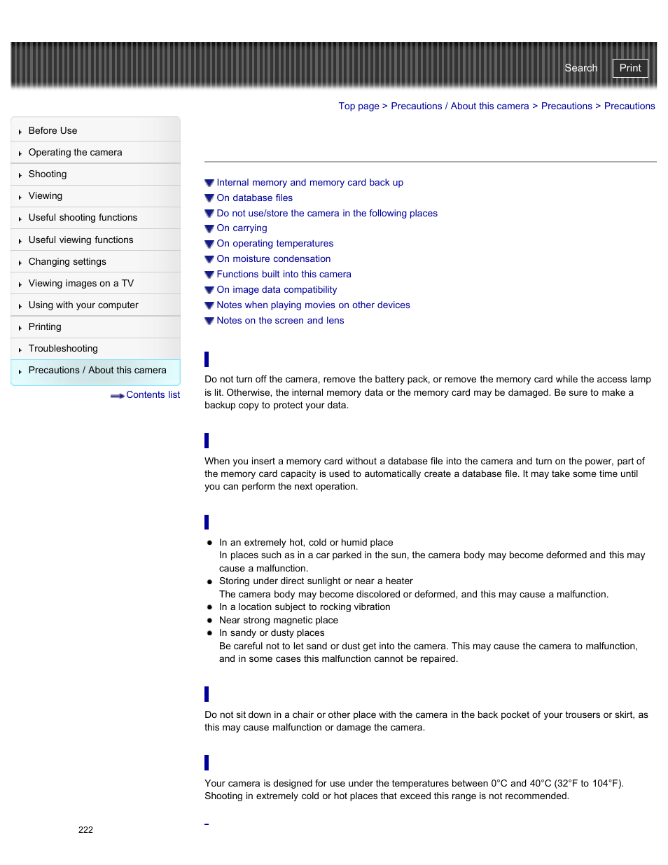 Precautions | Sony DSC-WX300 User Manual | Page 228 / 244