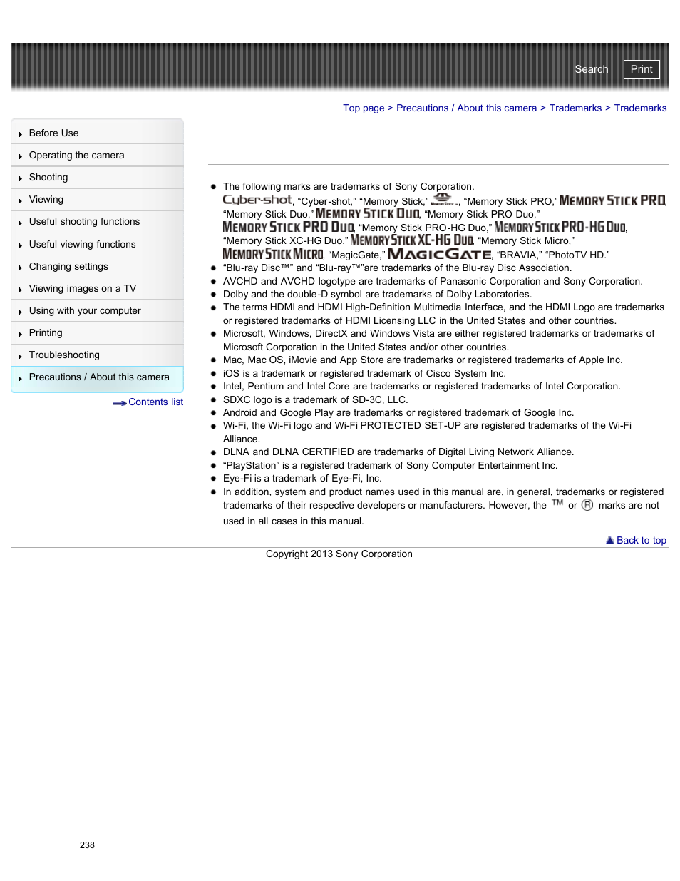 Trademarks, Cyber-shot user guide | Sony DSC-WX300 User Manual | Page 244 / 244