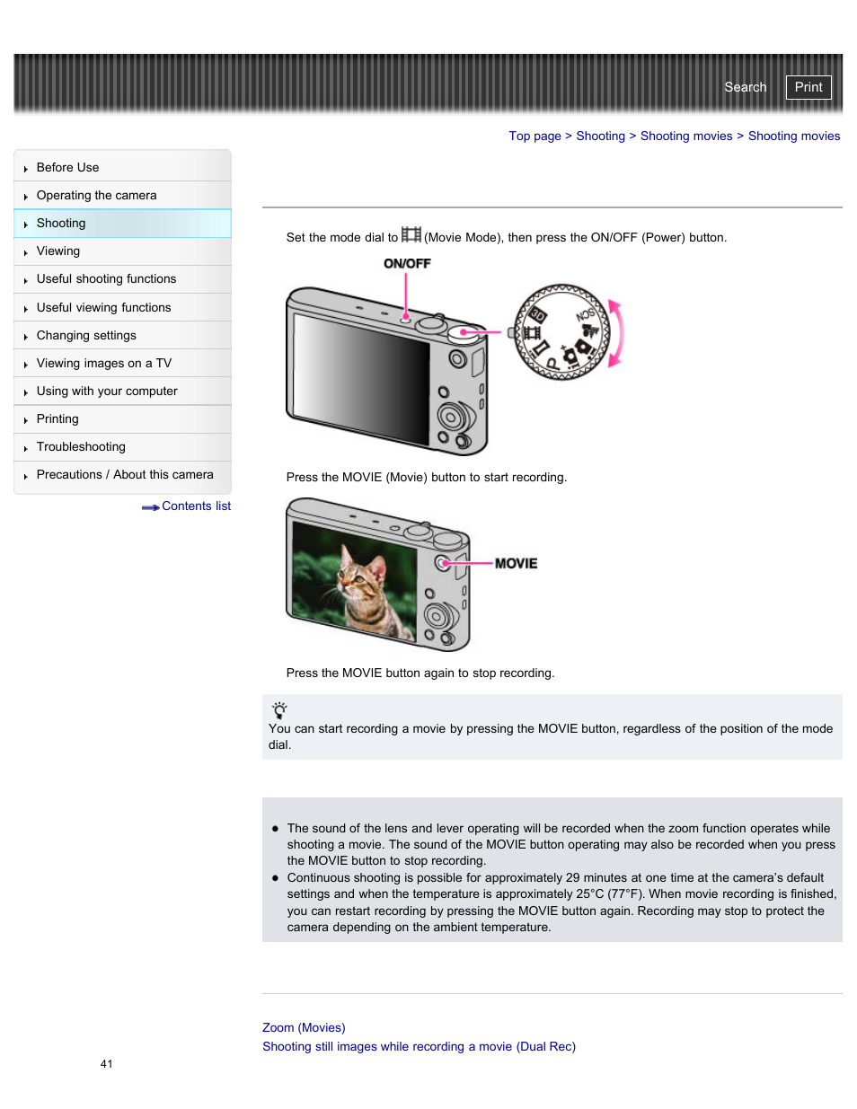 Shooting movies, Cyber-shot user guide | Sony DSC-WX300 User Manual | Page 47 / 244