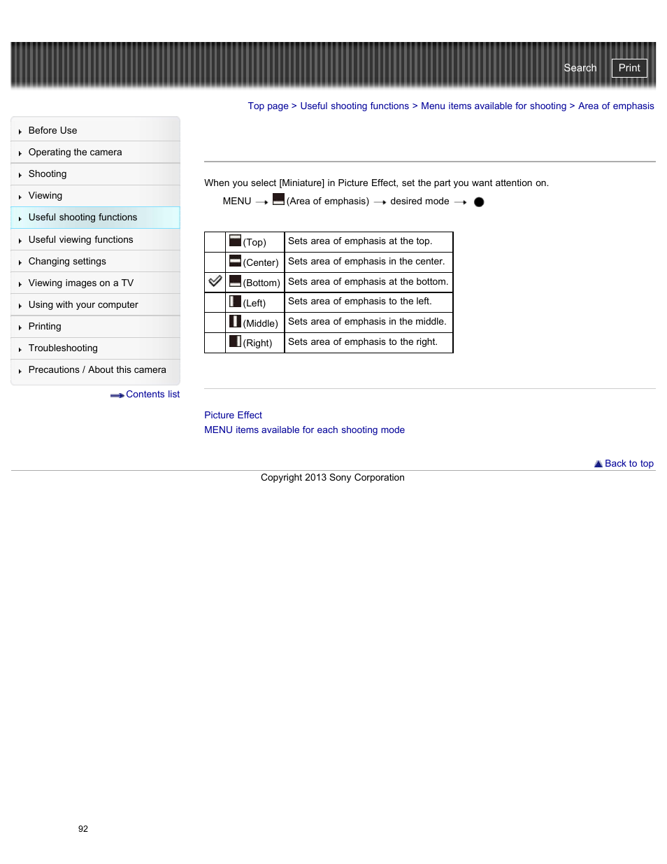 Area of emphasis, Cyber-shot user guide | Sony DSC-WX300 User Manual | Page 98 / 244