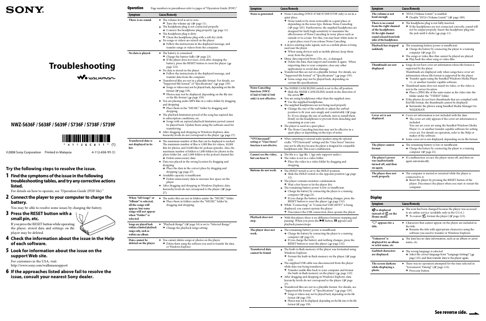 Sony NWZ-S738FBNC User Manual | 2 pages