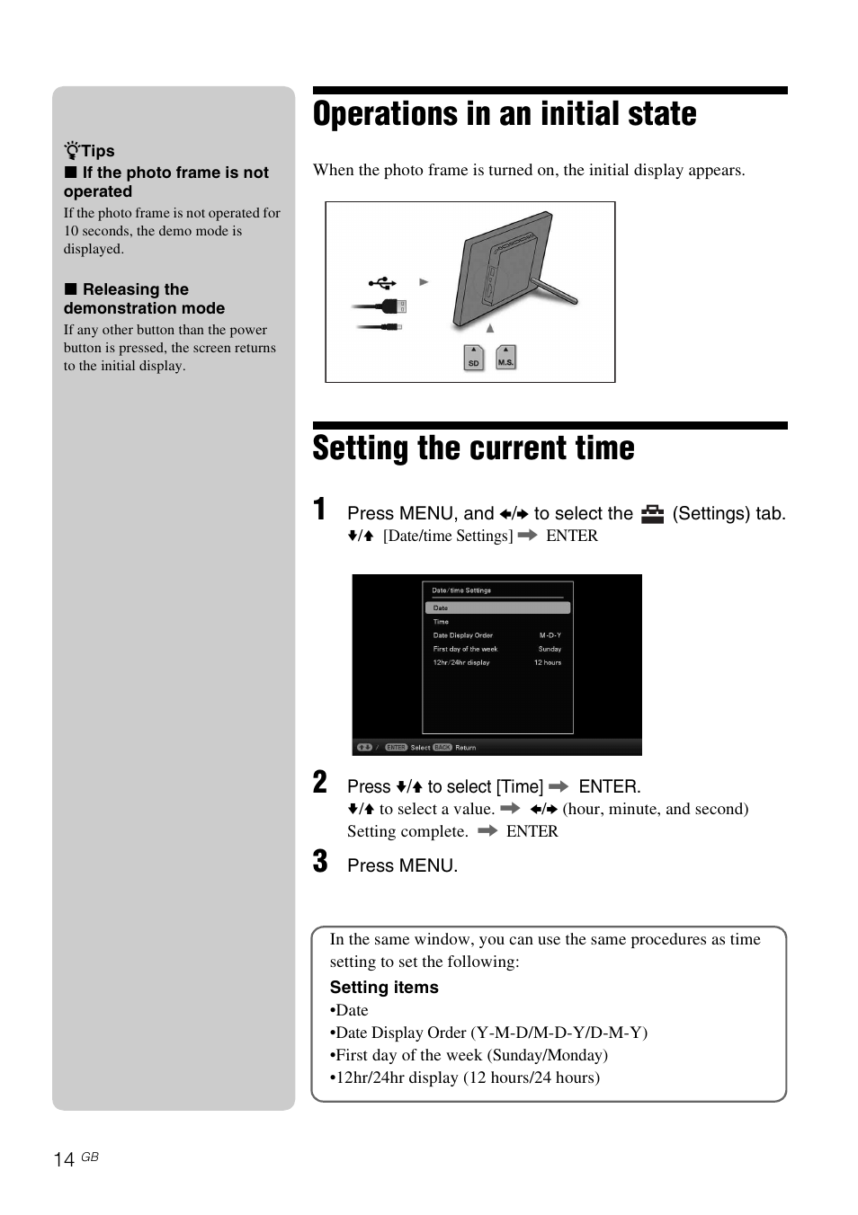 Operations in an initial state, Setting the current time | Sony DPF-D1020 User Manual | Page 14 / 40