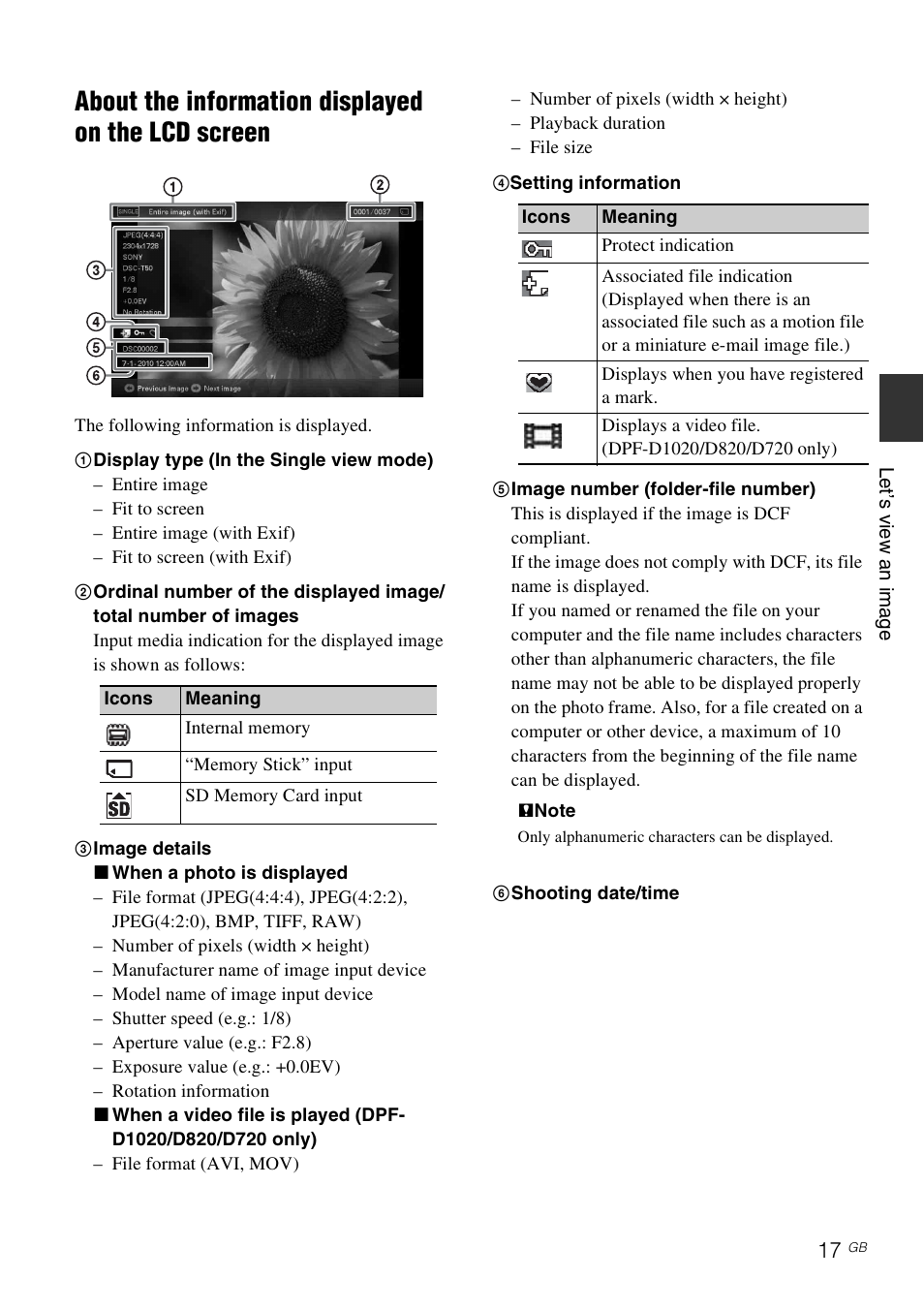 About the information displayed on the lcd screen | Sony DPF-D1020 User Manual | Page 17 / 40