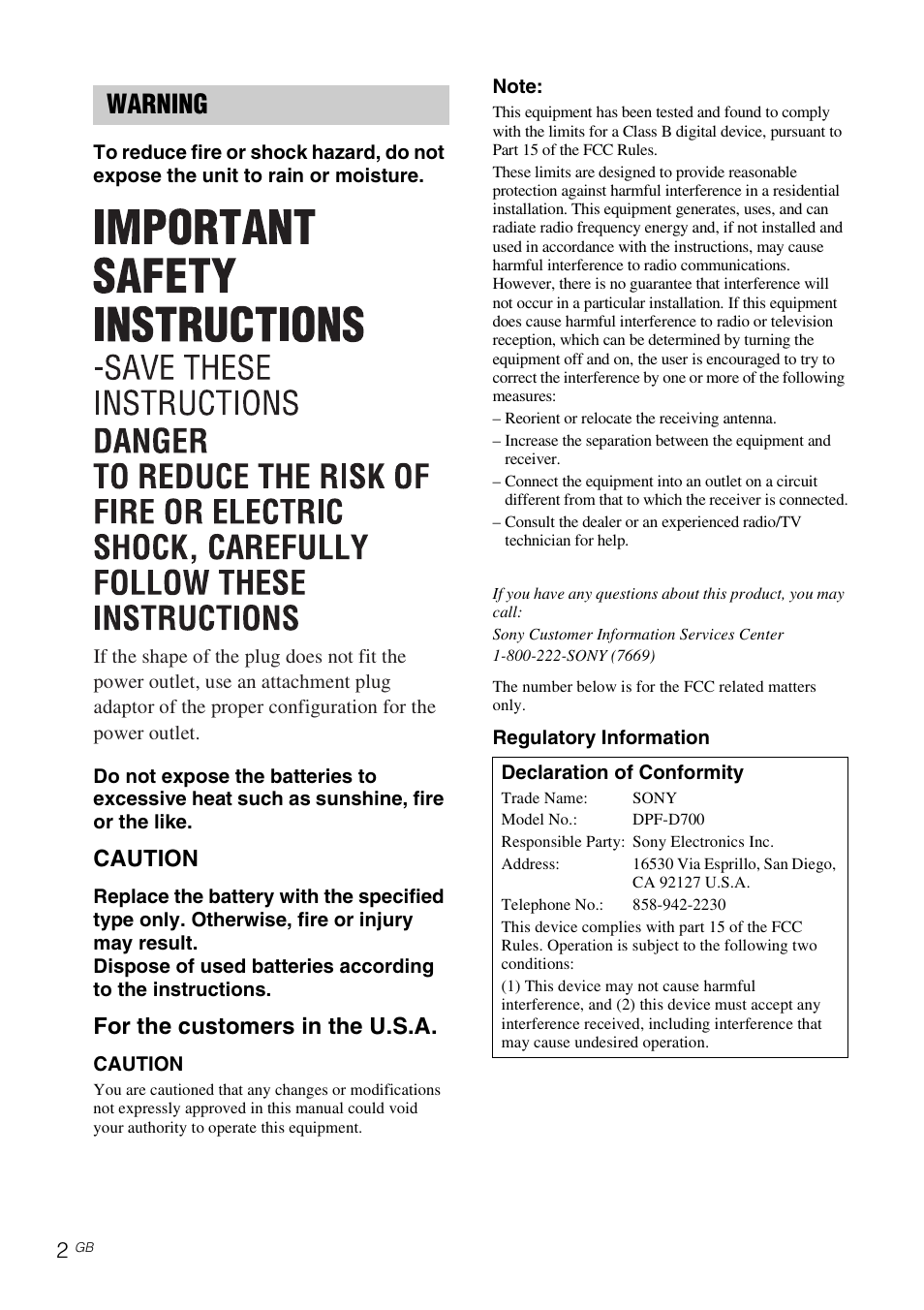 Warning, Caution, For the customers in the u.s.a | Sony DPF-D1020 User Manual | Page 2 / 40