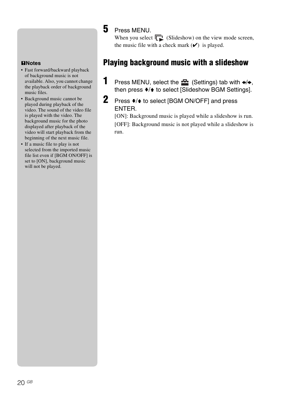 Playing background music with a slideshow | Sony DPF-D1020 User Manual | Page 20 / 40