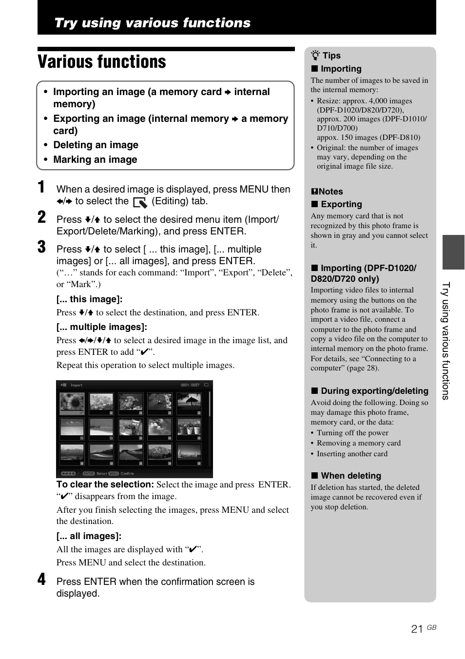 Try using various functions, Various functions | Sony DPF-D1020 User Manual | Page 21 / 40