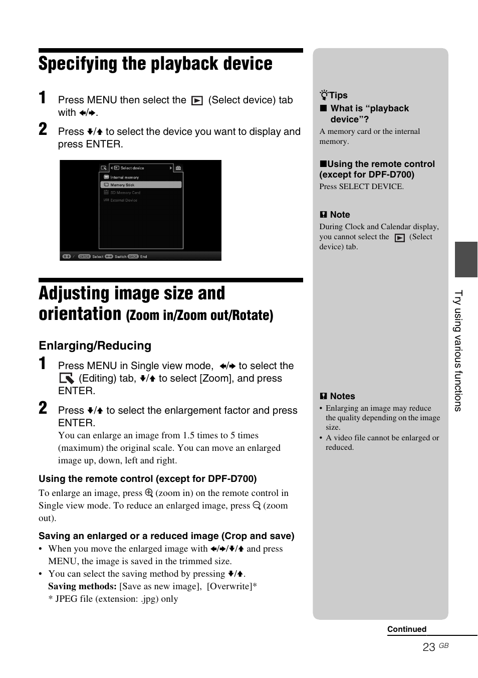 Specifying the playback device, Adjusting image size and orientation, Zoom in/zoom out/rotate) | Sony DPF-D1020 User Manual | Page 23 / 40