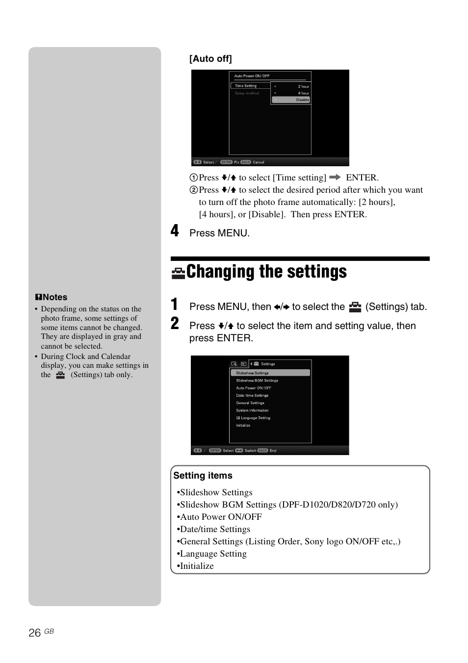 Changing the settings | Sony DPF-D1020 User Manual | Page 26 / 40