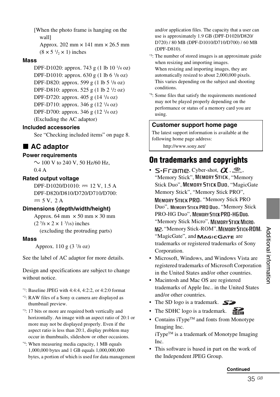 On trademarks and copyrights, X ac adaptor | Sony DPF-D1020 User Manual | Page 35 / 40