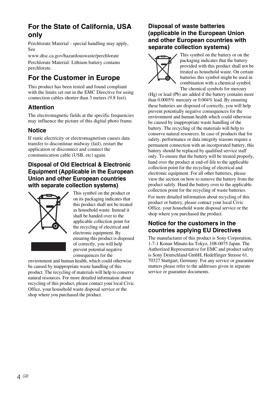 For the state of california, usa only, For the customer in europe | Sony DPF-D1020 User Manual | Page 4 / 40