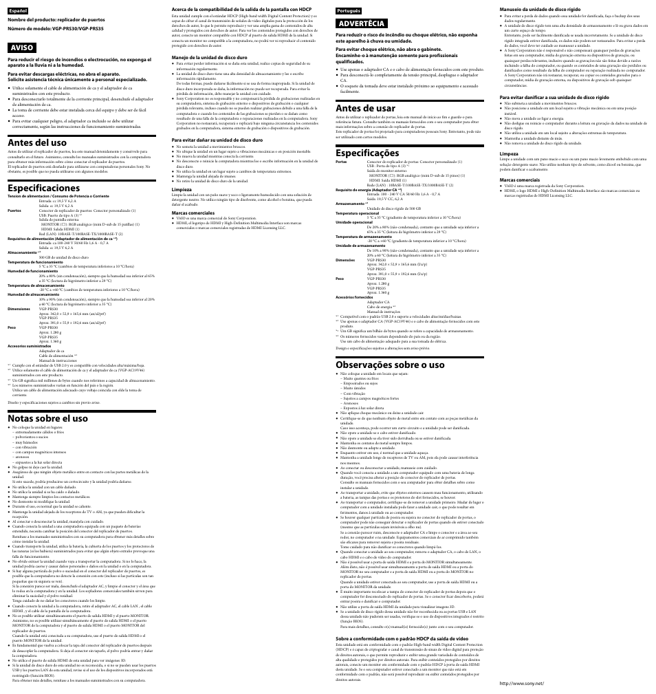 Antes del uso, Especificaciones, Notas sobre el uso | Antes de usar, Especificações, Observações sobre o uso, Aviso, Advertêcia | Sony VGP-PRS35 User Manual | Page 2 / 2