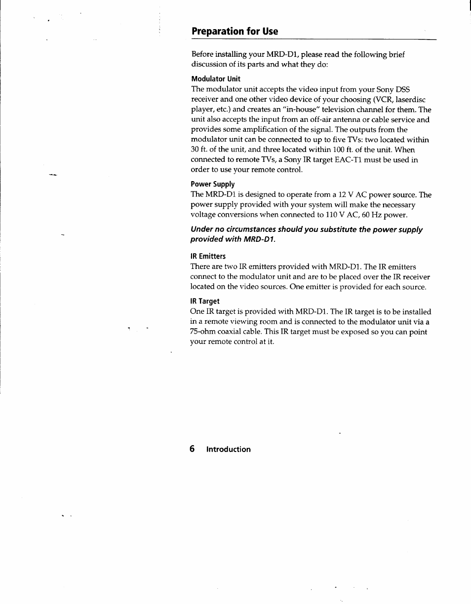 Preparation for use, Modulator unit, Power supply | Ir emitters, Ir target | Sony MRD-D1 User Manual | Page 6 / 16