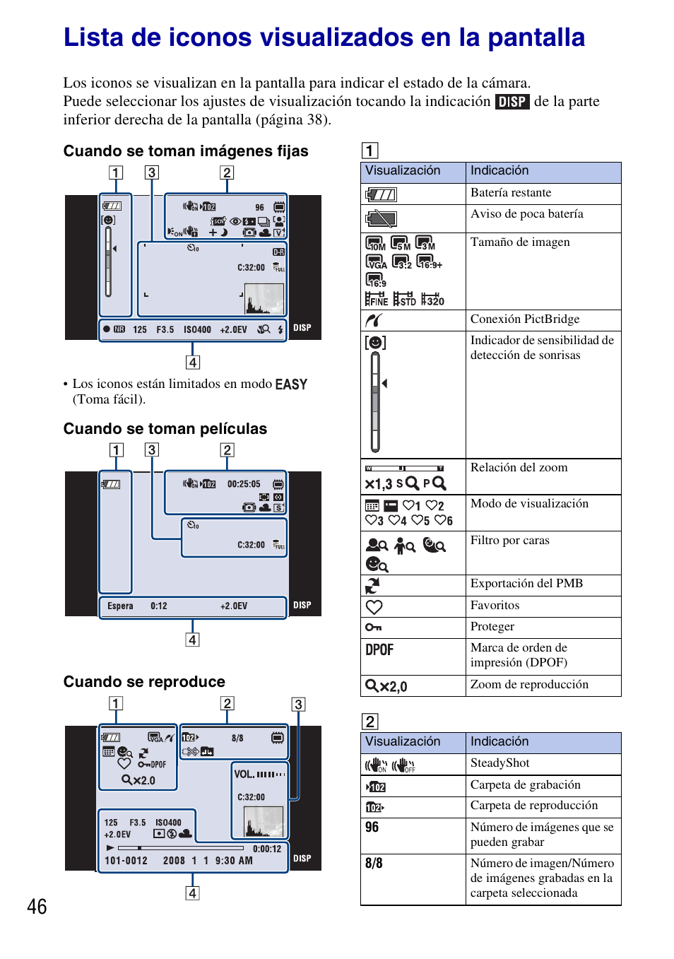 Lista de iconos visualizados en la pantalla, Cuando se toman imágenes fijas, Cuando se toman películas | Cuando se reproduce | Sony DSC-T77 User Manual | Page 100 / 108