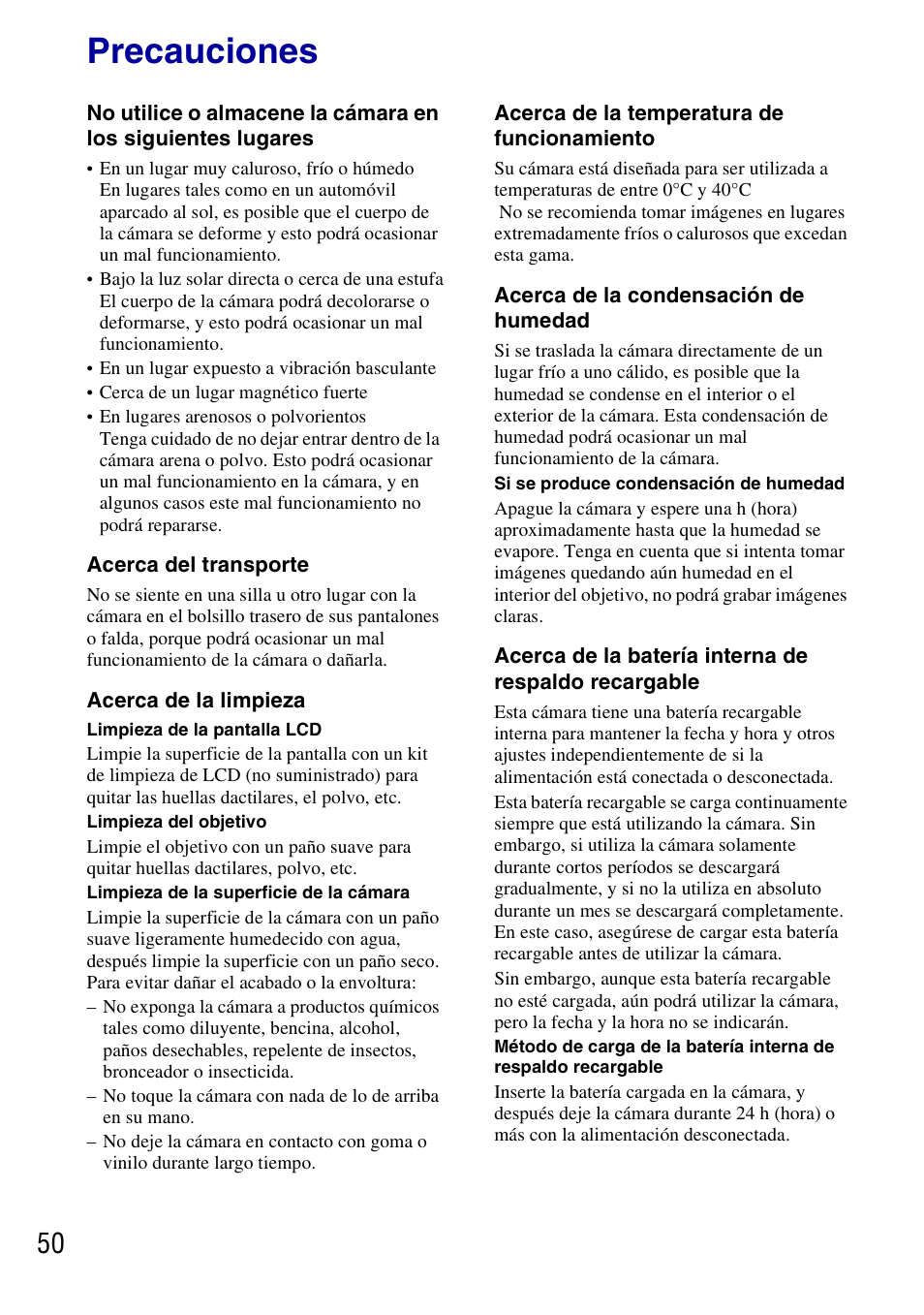 Precauciones, Acerca del transporte, Acerca de la limpieza | Acerca de la temperatura de funcionamiento, Acerca de la condensación de humedad | Sony DSC-T77 User Manual | Page 104 / 108