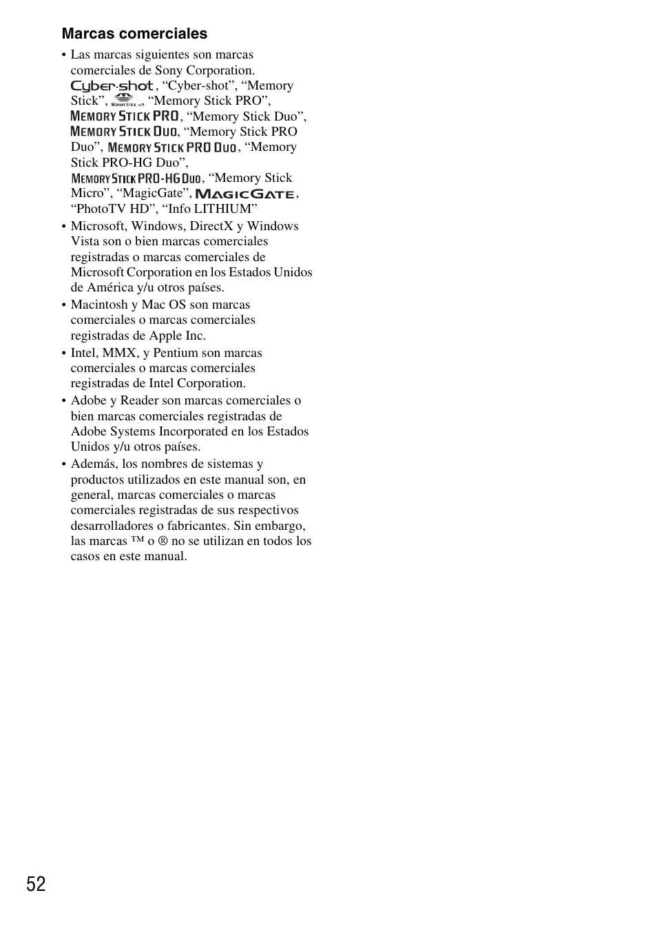 Marcas comerciales | Sony DSC-T77 User Manual | Page 106 / 108