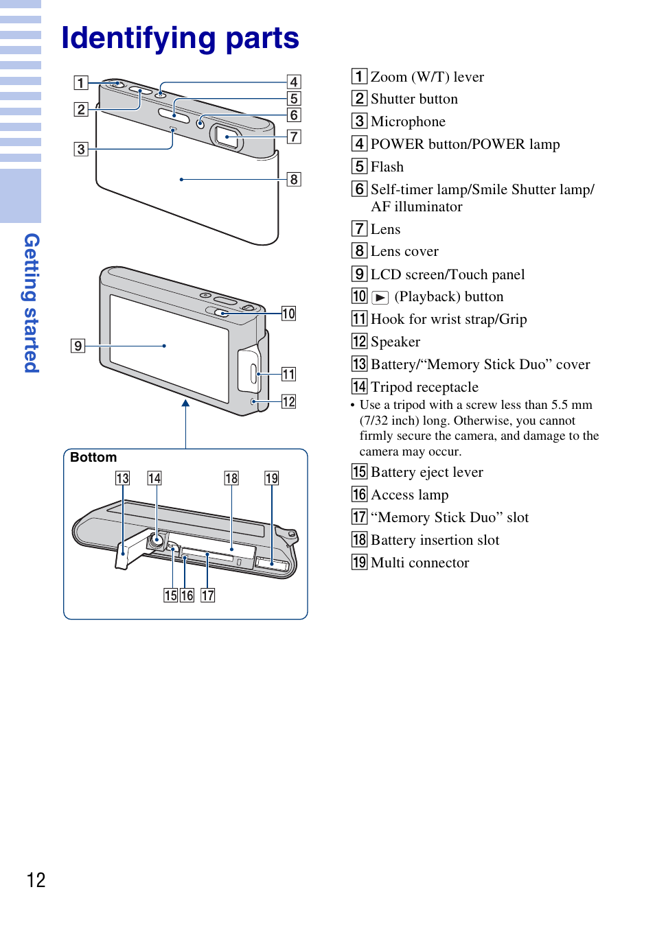 Identifying parts, A zoom (w/t) lever, B shutter button | C microphone, D power button/power lamp, E flash, G lens, H lens cover, I lcd screen/touch panel, J (playback) button | Sony DSC-T77 User Manual | Page 12 / 108