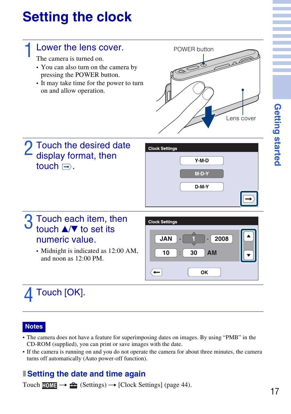 Setting the clock, Lower the lens cover, Touch the desired date display format, then touch | X setting the date and time again | Sony DSC-T77 User Manual | Page 17 / 108