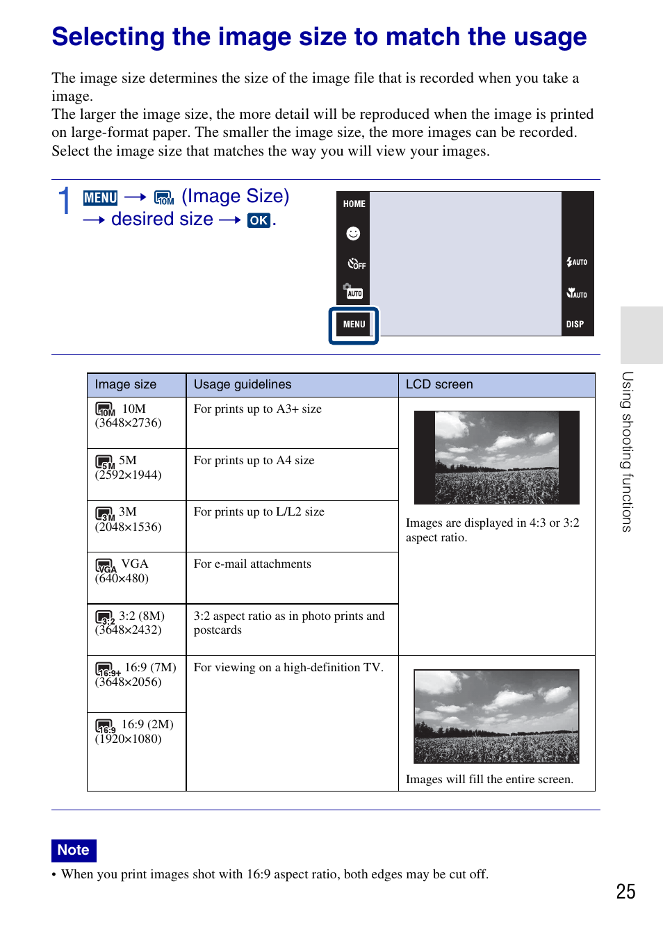 Selecting the image size to match the usage, T (image size) t desired size t | Sony DSC-T77 User Manual | Page 25 / 108