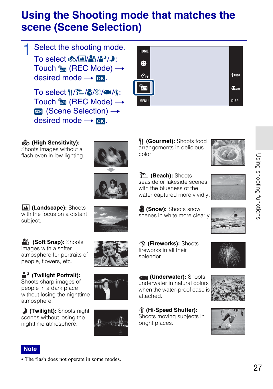 Select the shooting mode, To select ////: touch (rec mode) t desired mode t | Sony DSC-T77 User Manual | Page 27 / 108