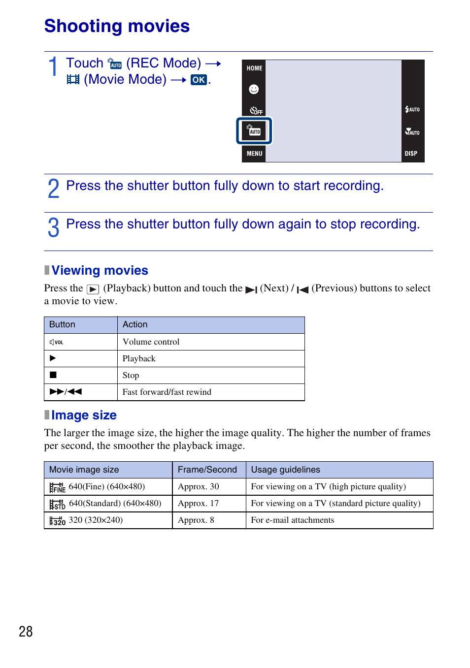 Shooting movies, Touch (rec mode) t (movie mode) t, X viewing movies | X image size | Sony DSC-T77 User Manual | Page 28 / 108