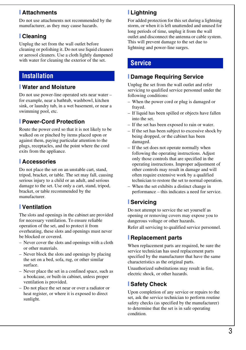 Attachments, Cleaning, Water and moisture | Power-cord protection, Accessories, Ventilation, Lightning, Damage requiring service, Servicing, Replacement parts | Sony DSC-T77 User Manual | Page 3 / 108