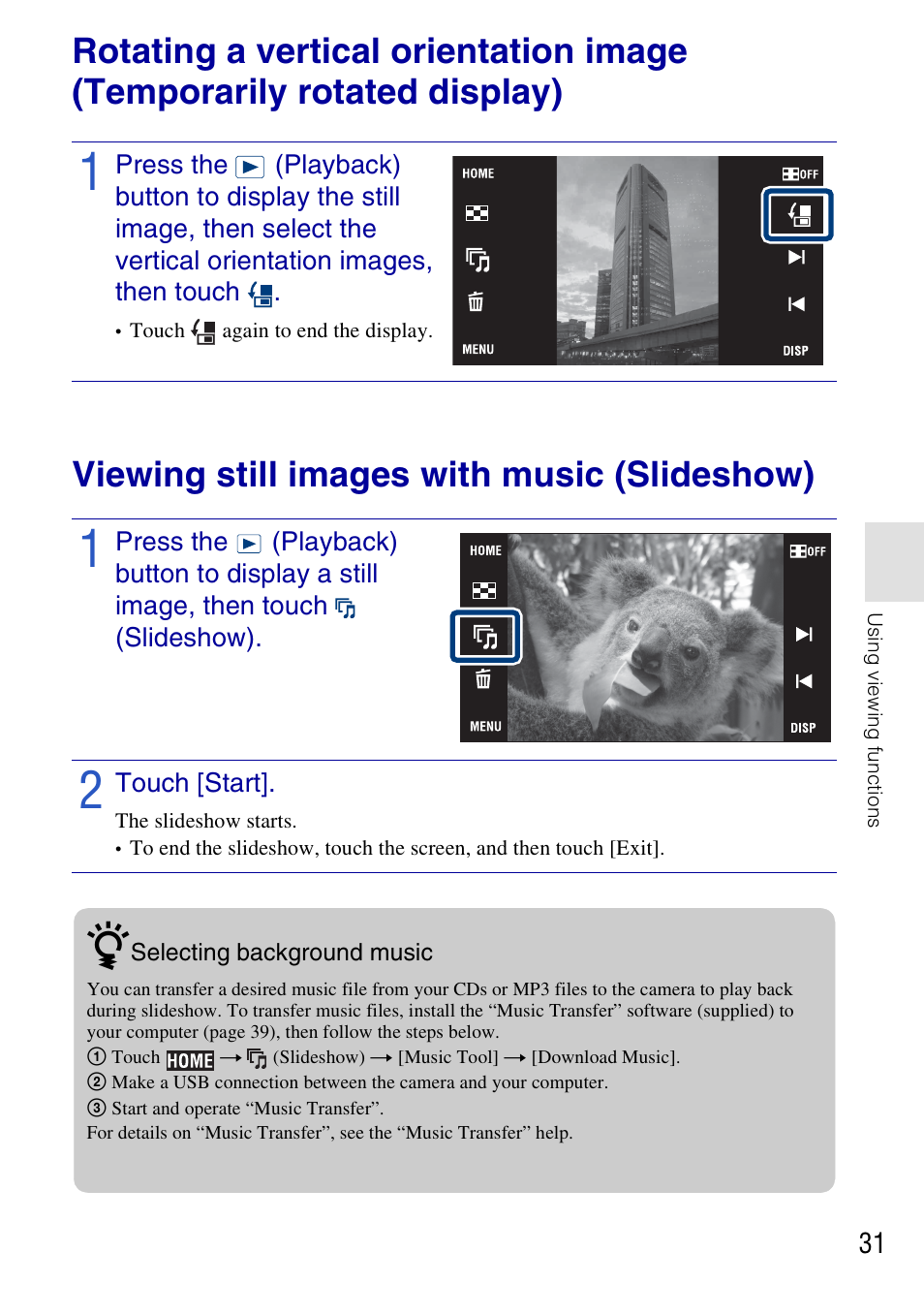 Viewing still images with music (slideshow), Touch [start | Sony DSC-T77 User Manual | Page 31 / 108